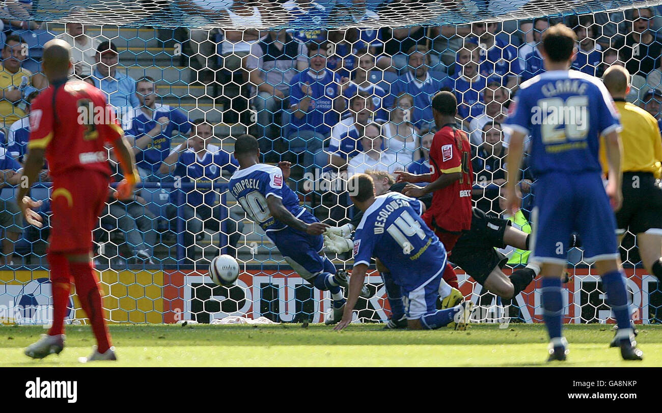Leicester City's DJ Campbell scores against Watford during the Coca-Cola Football League Championship match at Walkers Stadium, Leicester. Stock Photo