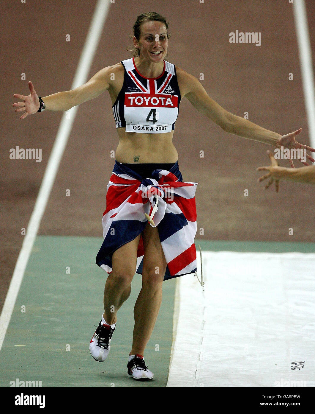 Great Britains Kelly Sotherton Celebrates Winning Bronze In The Heptathlon Hi Res Stock