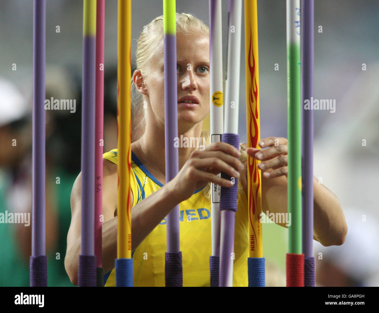 Winner of the heptathlon carolina kluft chooses her javelin hires