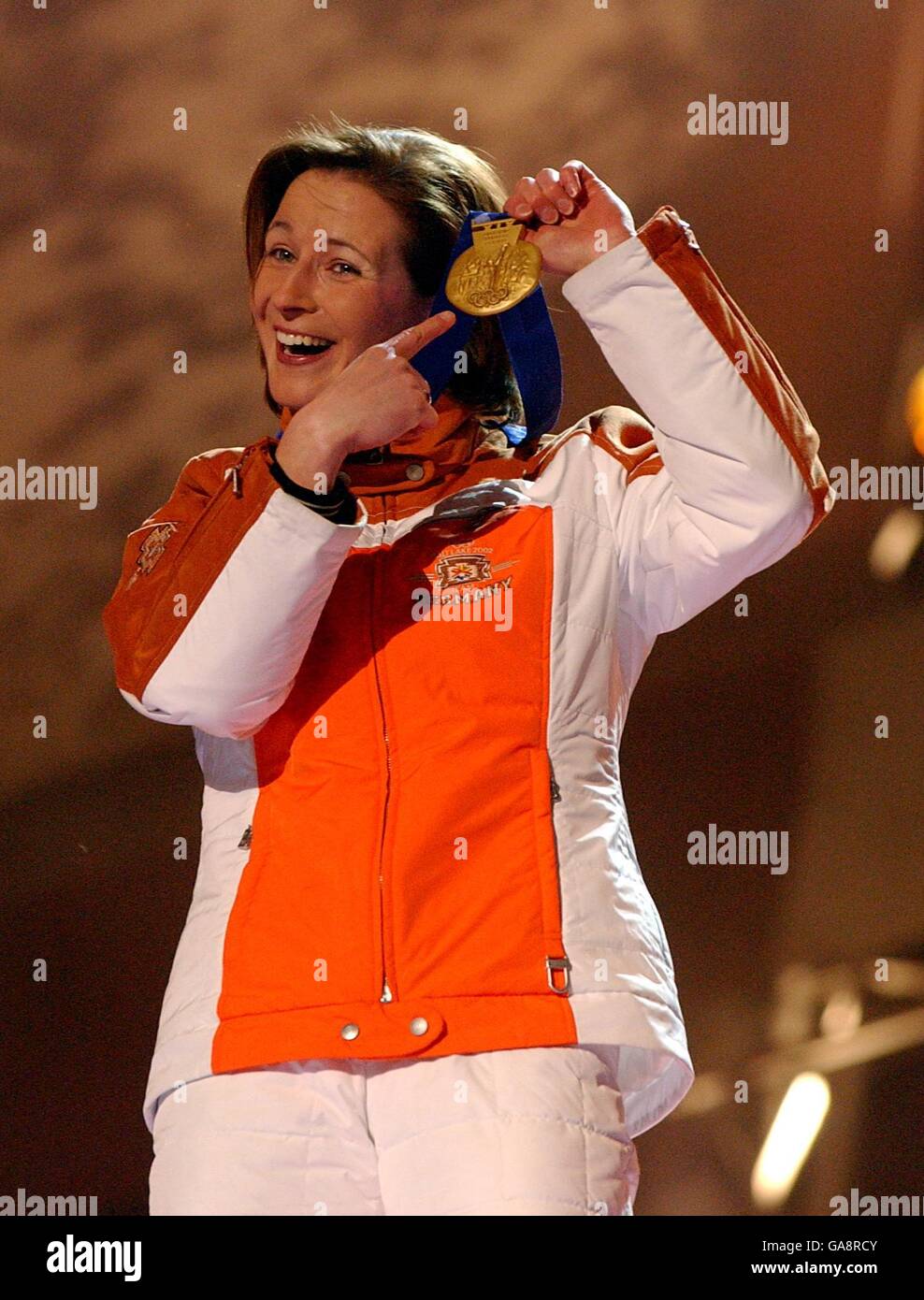 Winter Olympics - Salt Lake City 2002 - Medal Ceremony's - Speed Skating - Women's 5000m. Germany's Claudia Pechstein celebrates with her gold medal Stock Photo