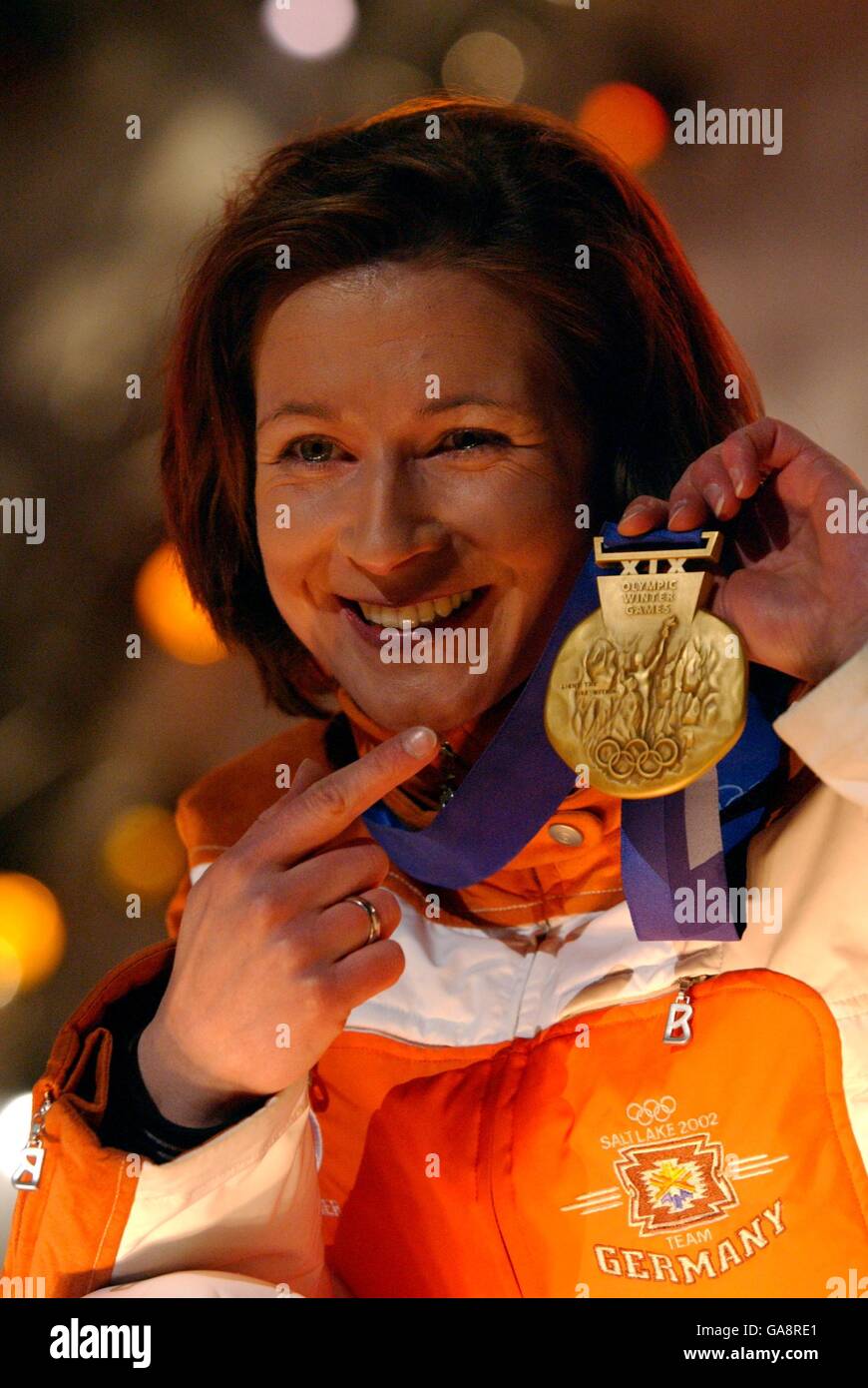 Germany's Claudia Pechstein celebrates with her gold medal Stock Photo