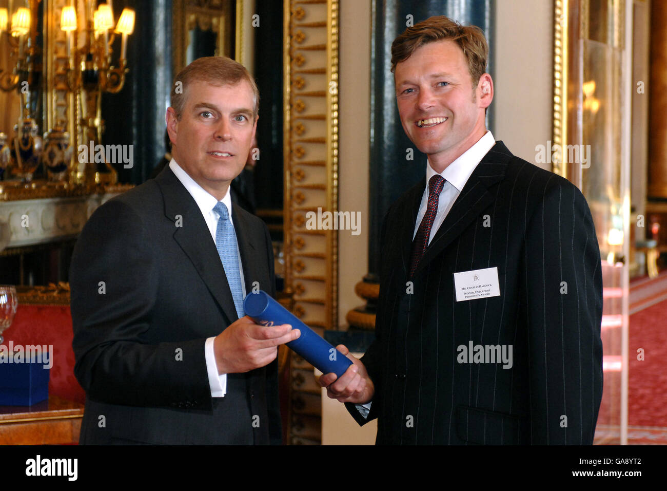 The Duke of York presents Mr Charles Hadcock the Lifetime Achievement Award for Enterprise Promotion 2007 at Buckingham Palace, London. Stock Photo