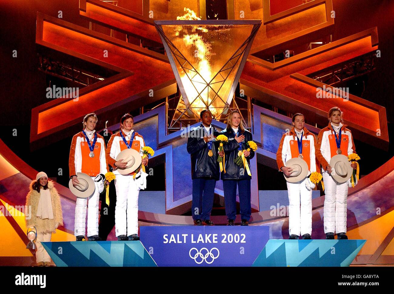 Winter Olympics - Salt Lake City 2002 - Medal Ceremony - Women's Bobsleigh Stock Photo