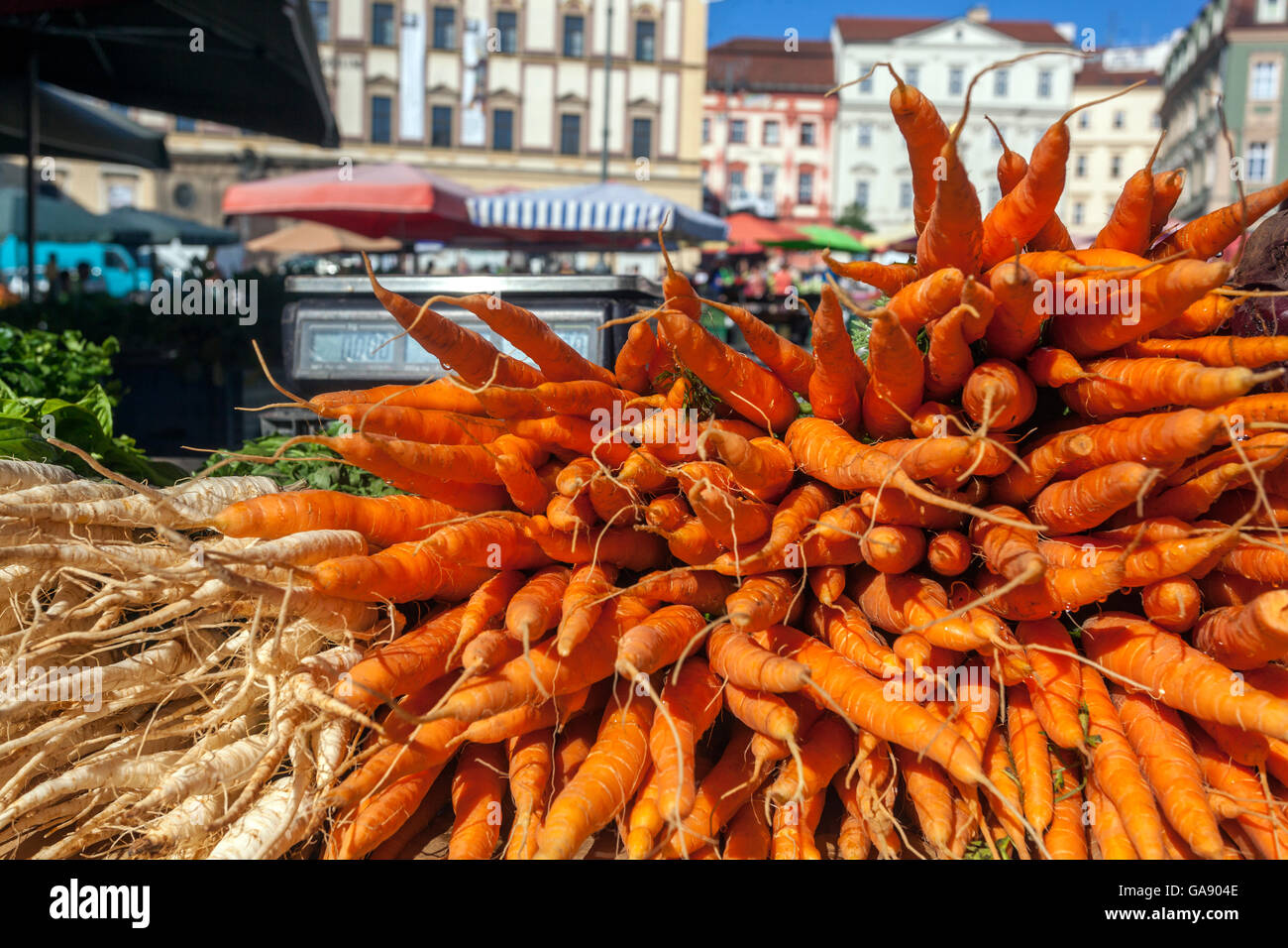 Zelny trh - square, Cabbage Market square is traditional markets with fruits, vegetables, and flowers. Brno, South Moravia, Czech Republic Marketplace Stock Photo