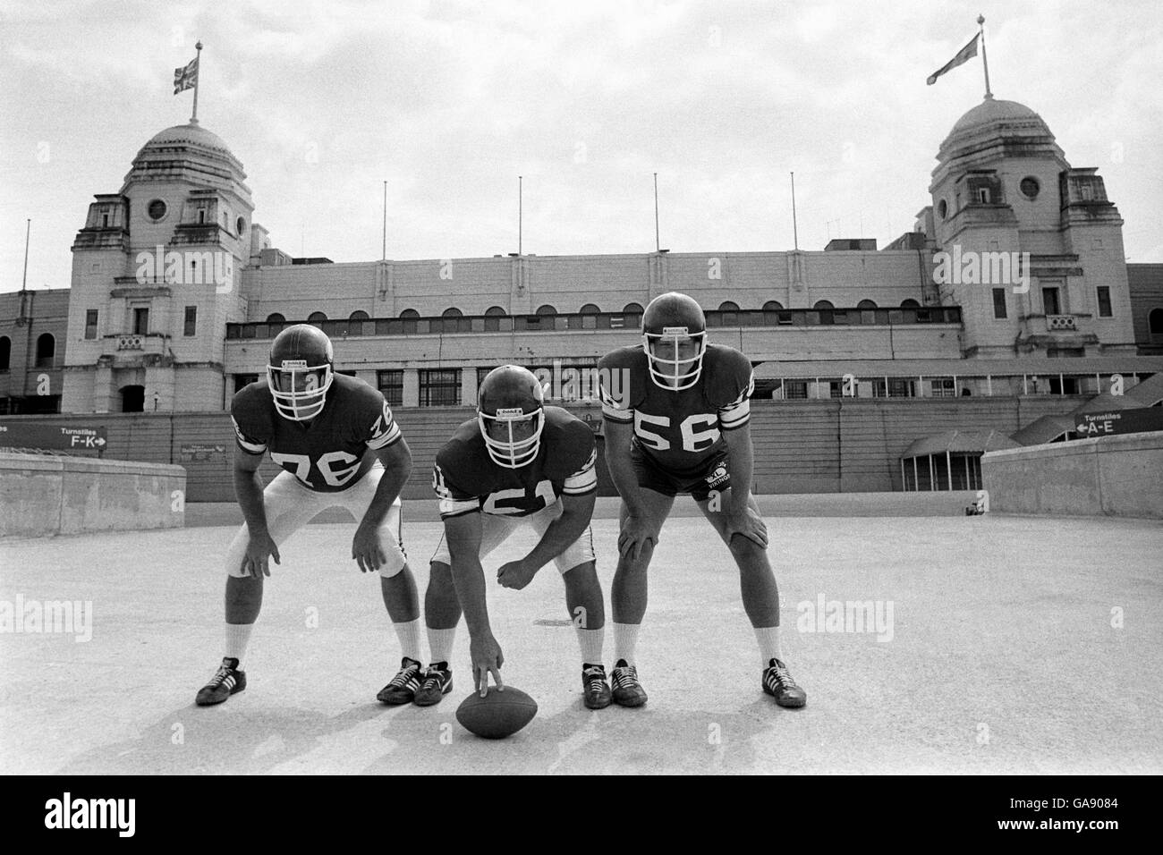 Three members of the Minnesota Vikings in front of Wembley Stadium the day before the American Bowl Exhibition Match between the Minnesota Vikings and the St. Louis Cardinals. A crowd of around 30,000 people turned up to watch the two NFL teams in action Stock Photo