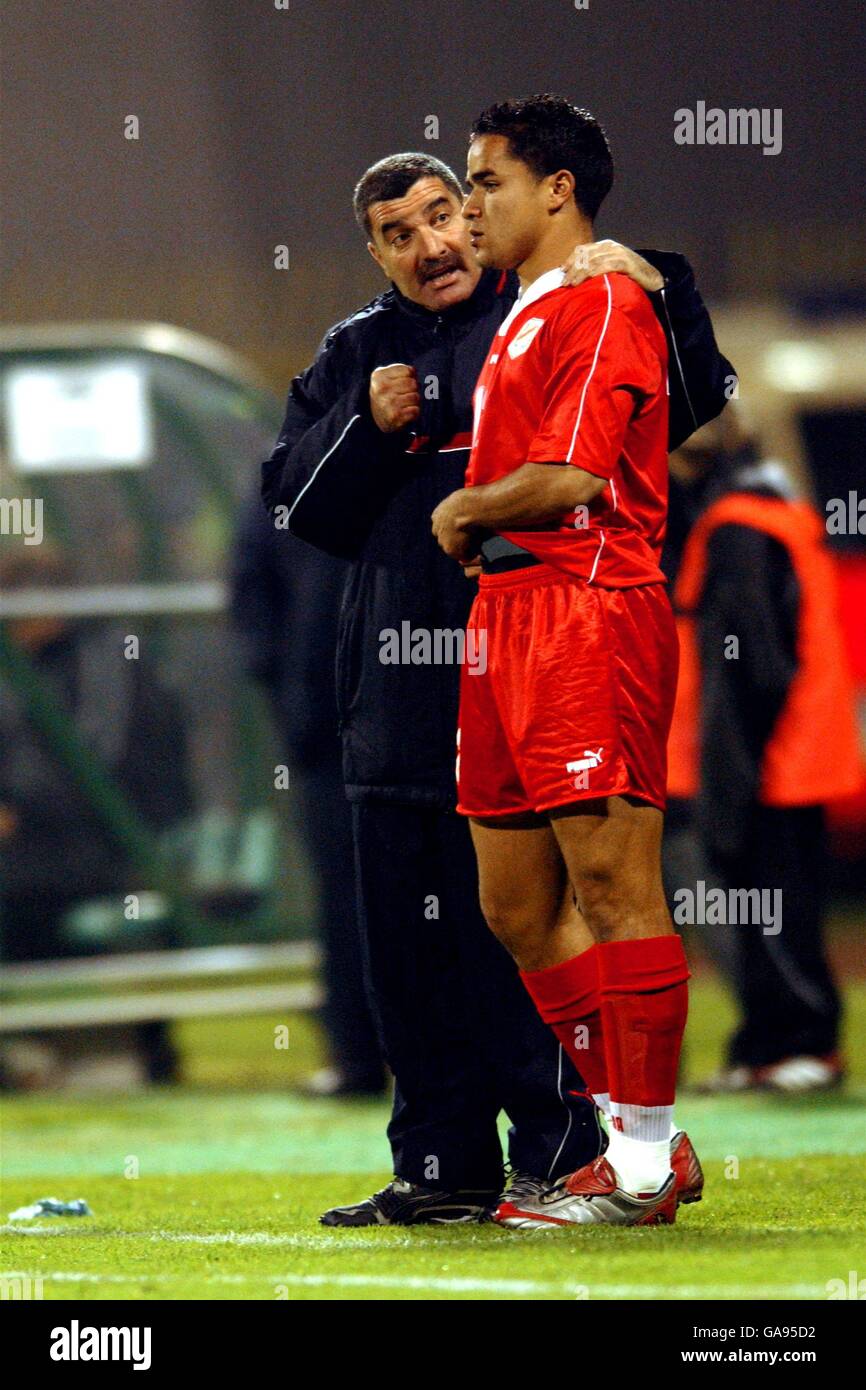 Tunisia Coach Ammar Souyeh (l) passes on last minute instructions to substitute Lassaad Ouertani (r) Stock Photo