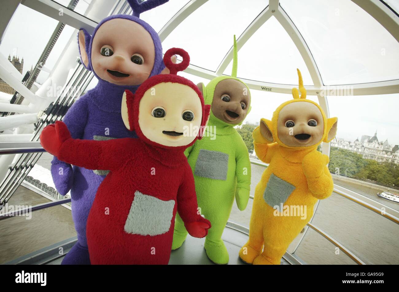 The Teletubbies take a trip on the London Eye to celebrate their 10th year on television. Stock Photo