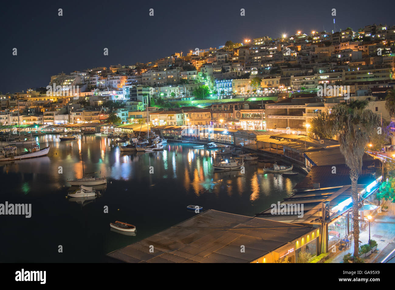 Athens, Greece, 3 October 2015. Mikrolimano in Piraeus in Greece. Landscape night view. A famous touristic destination. Stock Photo