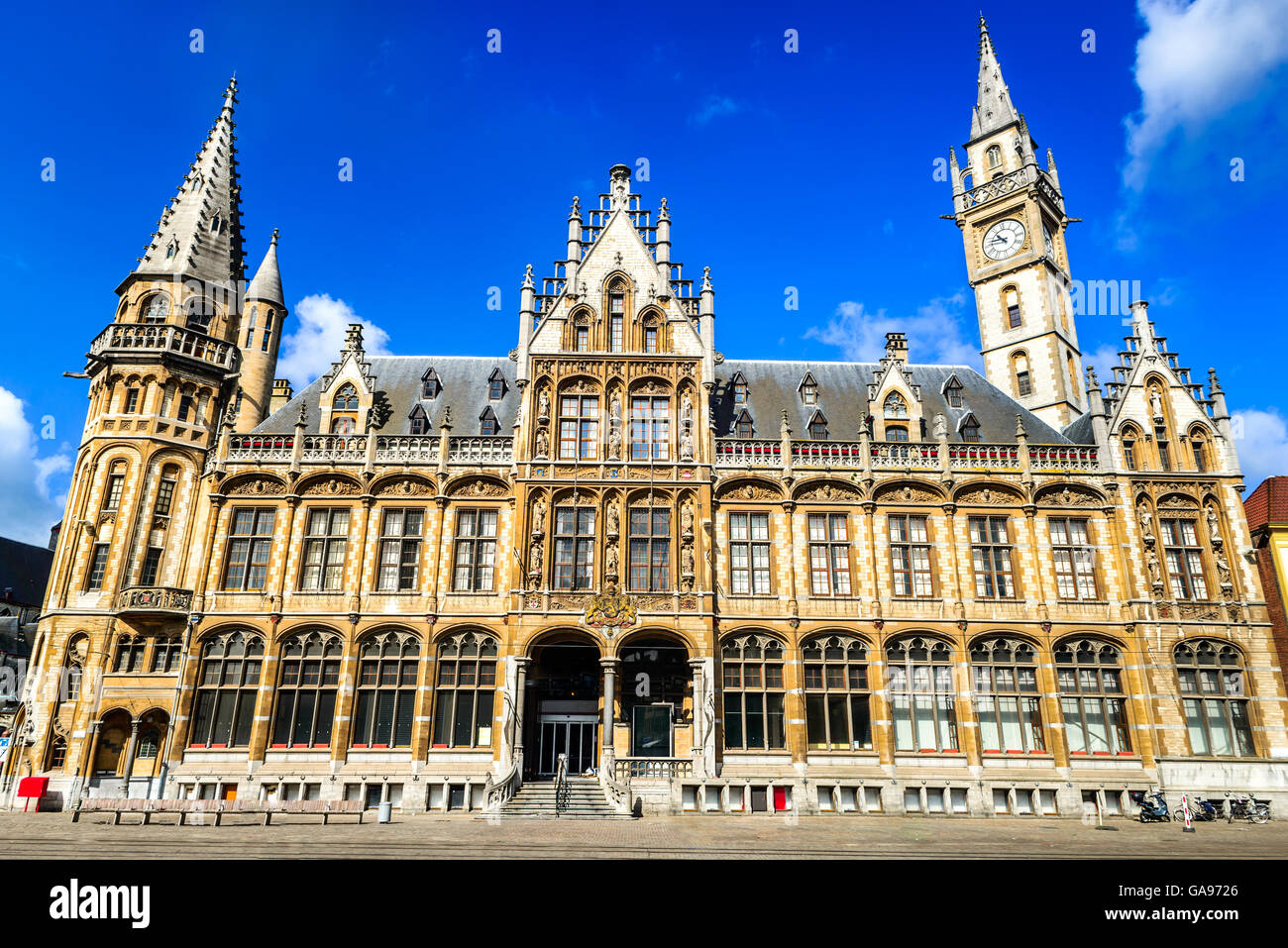 Gent, Belgium. Medieval buildings and the old Post Office as seen from