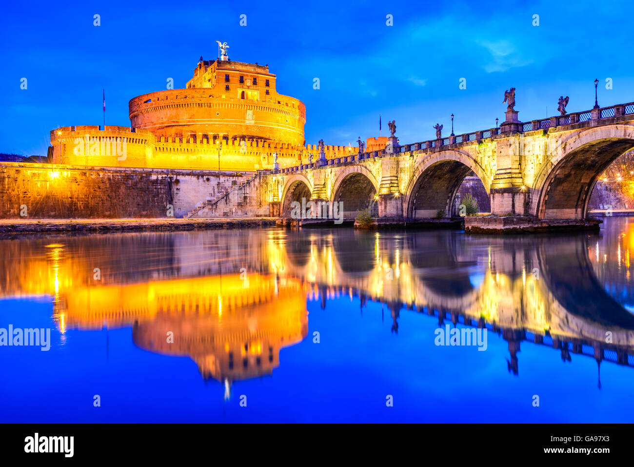 Rome, Italy. Castle Sant Angelo twilight, built by Hadrian emperor as ...