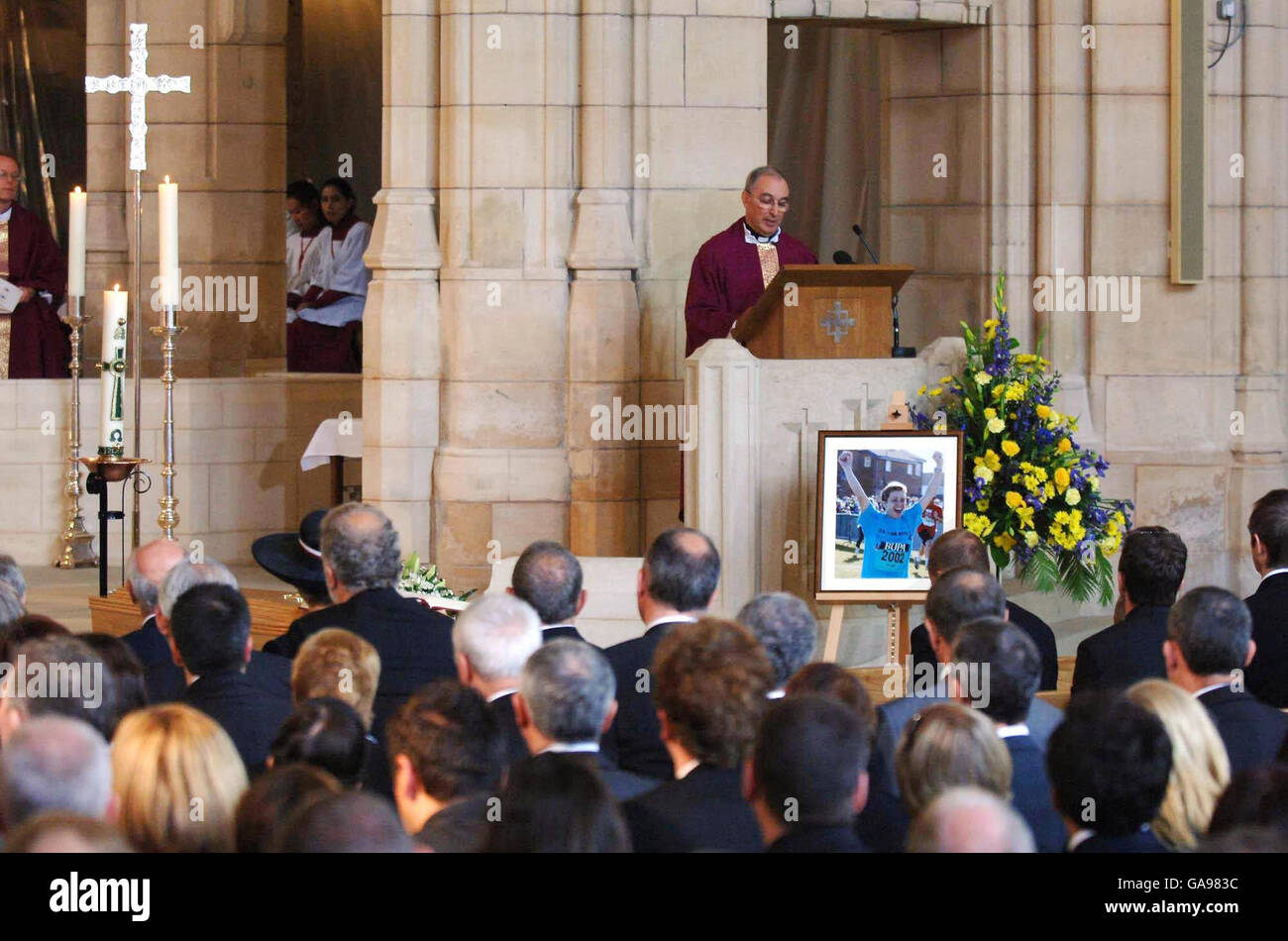 The coffin of charity fundraiser Jane Tomlinson lies at St Anne's Cathedral, Leeds, during the funeral of the fundraiser who lost her seven-year battle with terminal cancer last week aged 43. Stock Photo