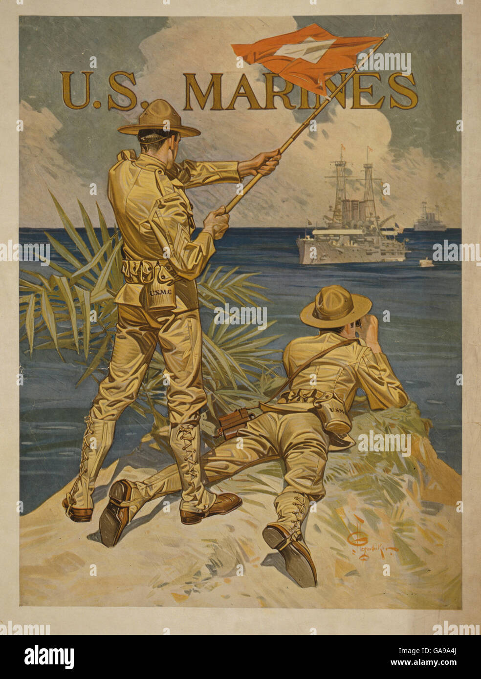 Poster showing two Marines signaling from shore to ships at sea. World War I Recruiting Poster by J.C. Leydendecker. Stock Photo