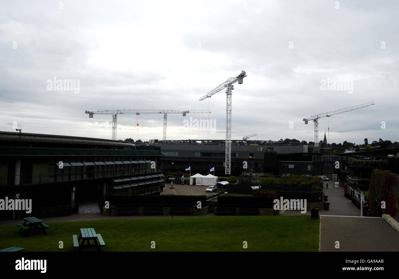 A general view of work in progress on Centre Court at Wimbledon, London. Stock Photo