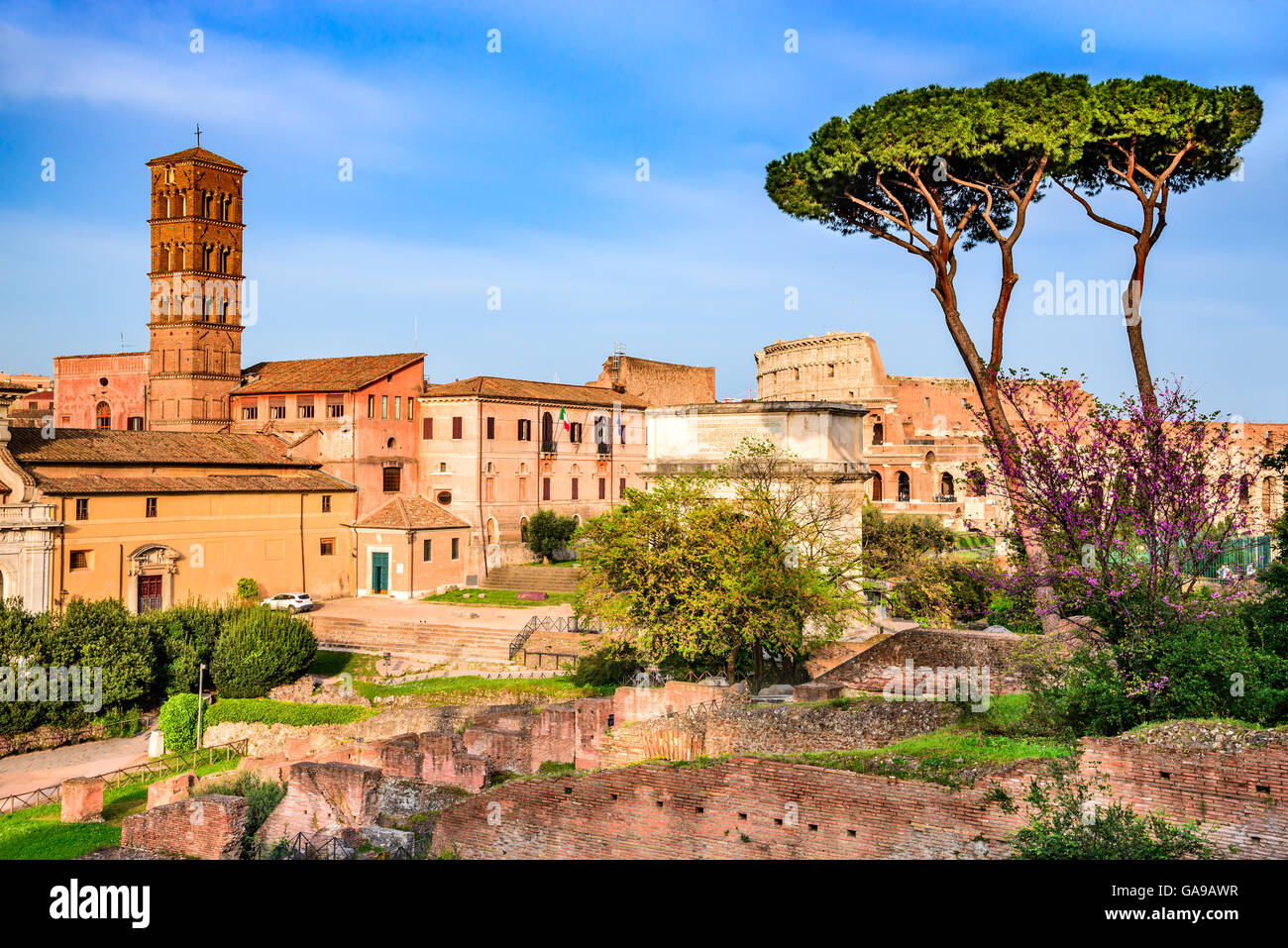 Rome, Italy. Amazing scenery with Roman Forum ruins and Colosseum, Flavian Amphiteatre. Stock Photo