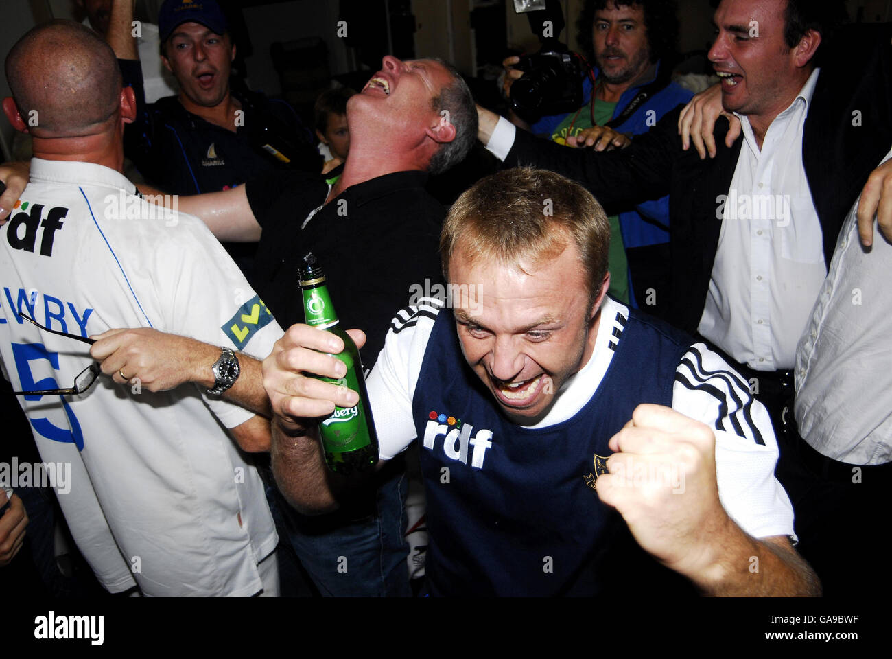 Sussex's Chris Adams celebrates winning the title at the County Cricket Ground, Hove. Stock Photo