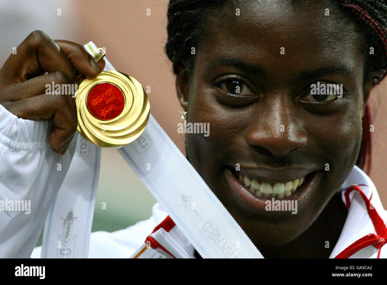 Great Britain's Christine Ohuruogu with her gold medal after winning the 400metres during the IAAF World Championships in Osaka, Japan. Stock Photo