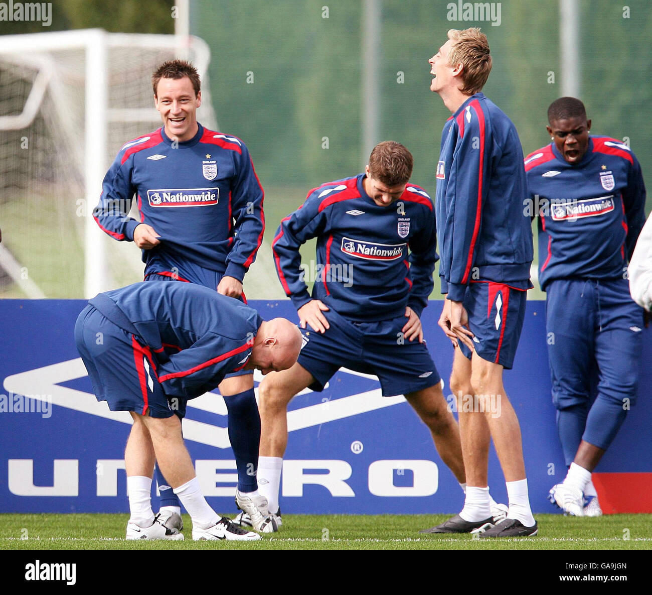 England's John Terry, Andrew Johnson, Steven Gerrard, Peter Crouch and Micha Richards during a training session at London Colney, Hertfordshire. Stock Photo
