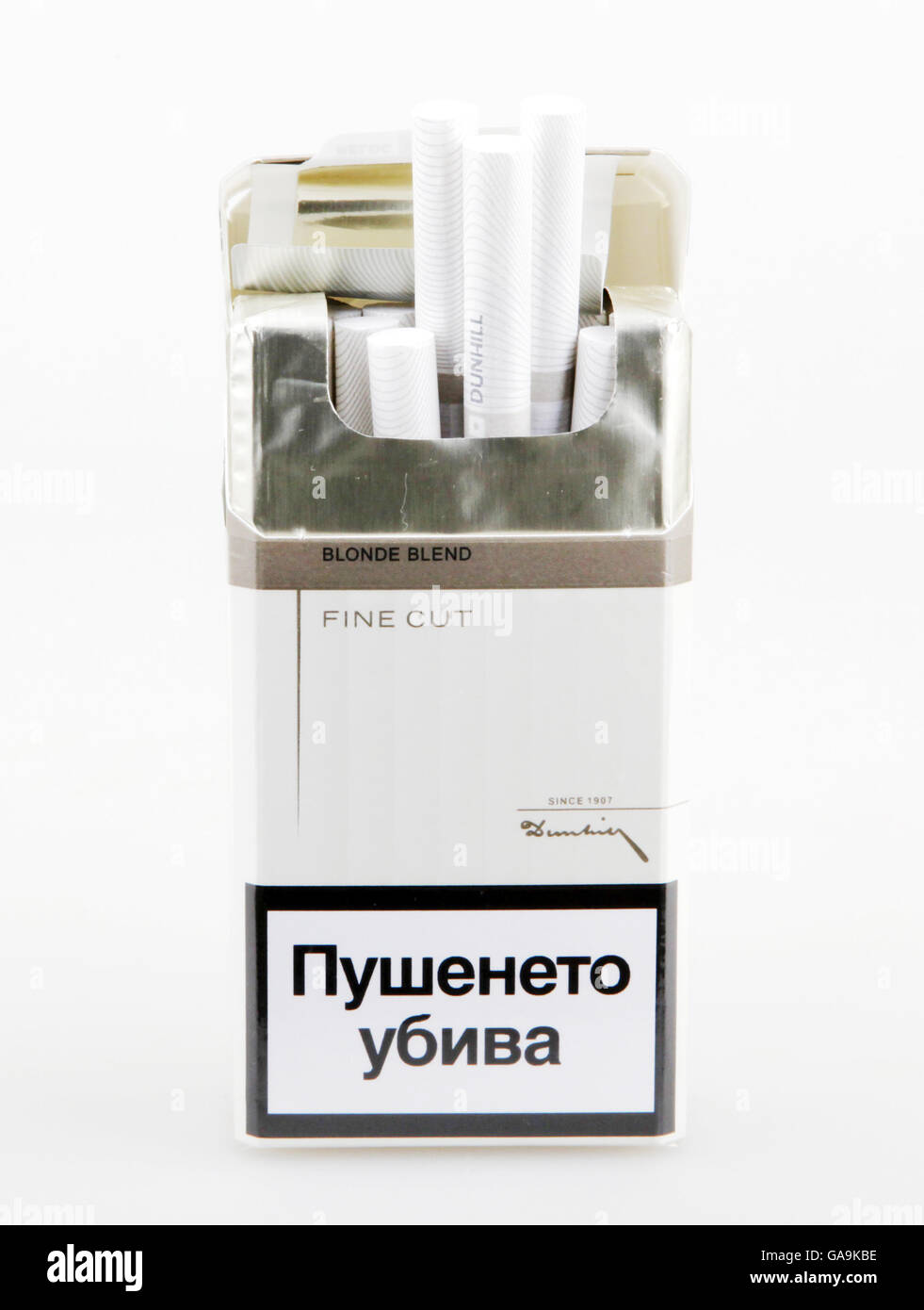 AYTOS, BULGARIA - JULY 07, 2016: Pack of Dunhill cigarettes. Dunhill cigarettes are a luxury brand of cigarettes made by the Bri Stock Photo