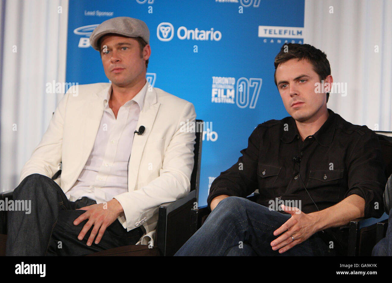 AP OUT: Brad Pitt and Casey Affleck are seen at a press conference for new film The Assasination of Jesse James, as part of the Toronto Film Festival, at the Four Seasons Hotel in Toronto, Canada. Picture date: September 8th, 2007. Stock Photo