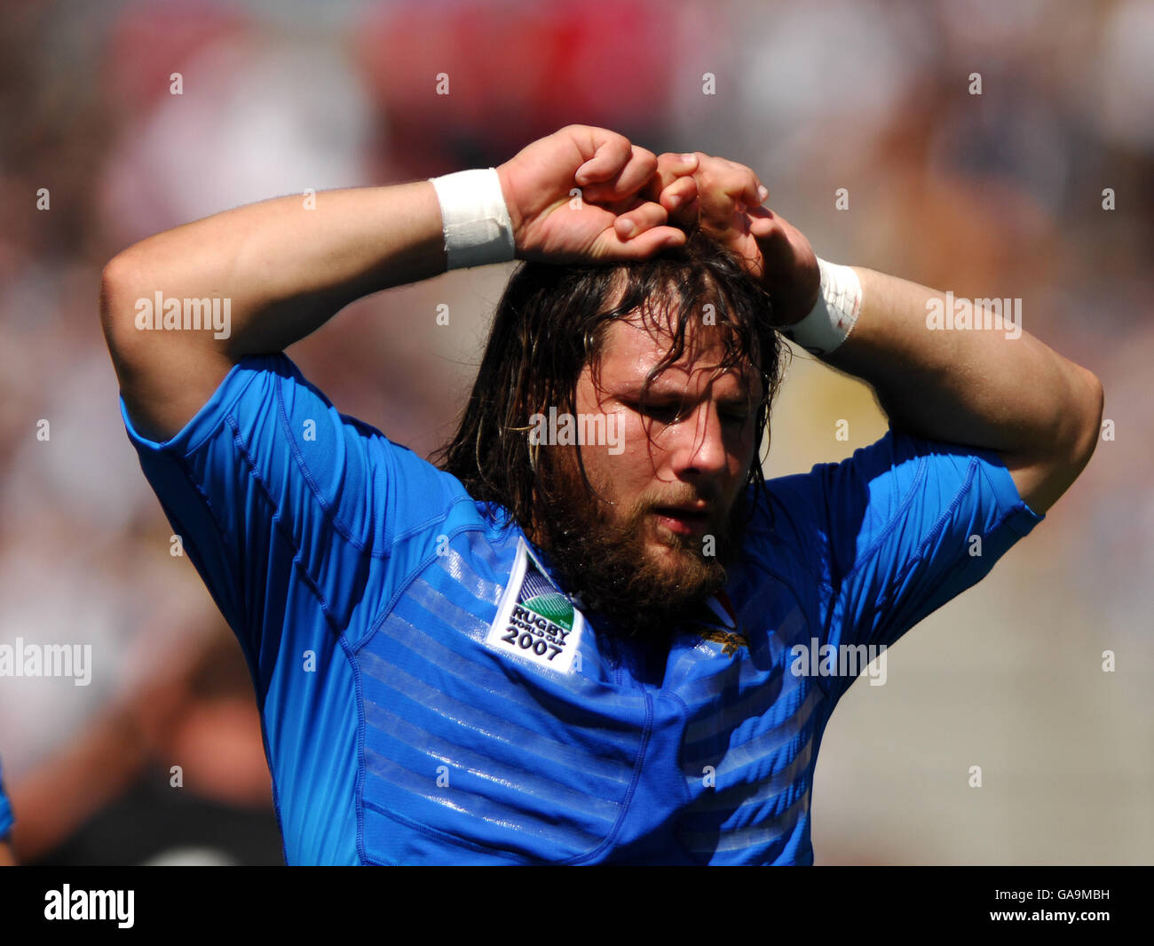 Rugby Union - IRB Rugby World Cup 2007 - Pool C - New Zealand v Italy - Stade Velodrome. Italy's Martin Castrogiovanni wilts in the sun Stock Photo