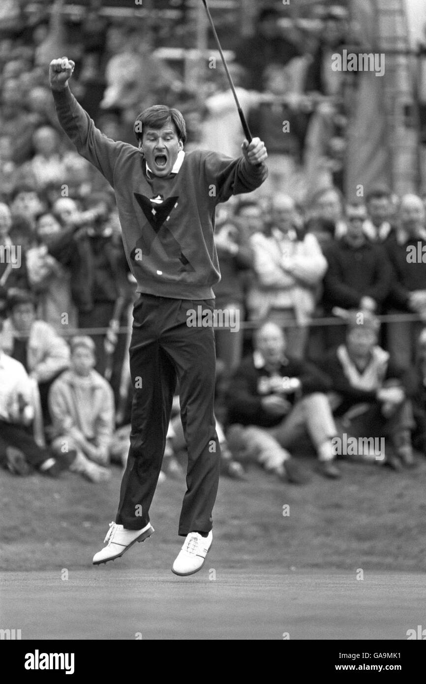 Overwhelming joy for Nick Faldo after he had sunk the 20 foot putt on the last green which gave him victory. Stock Photo