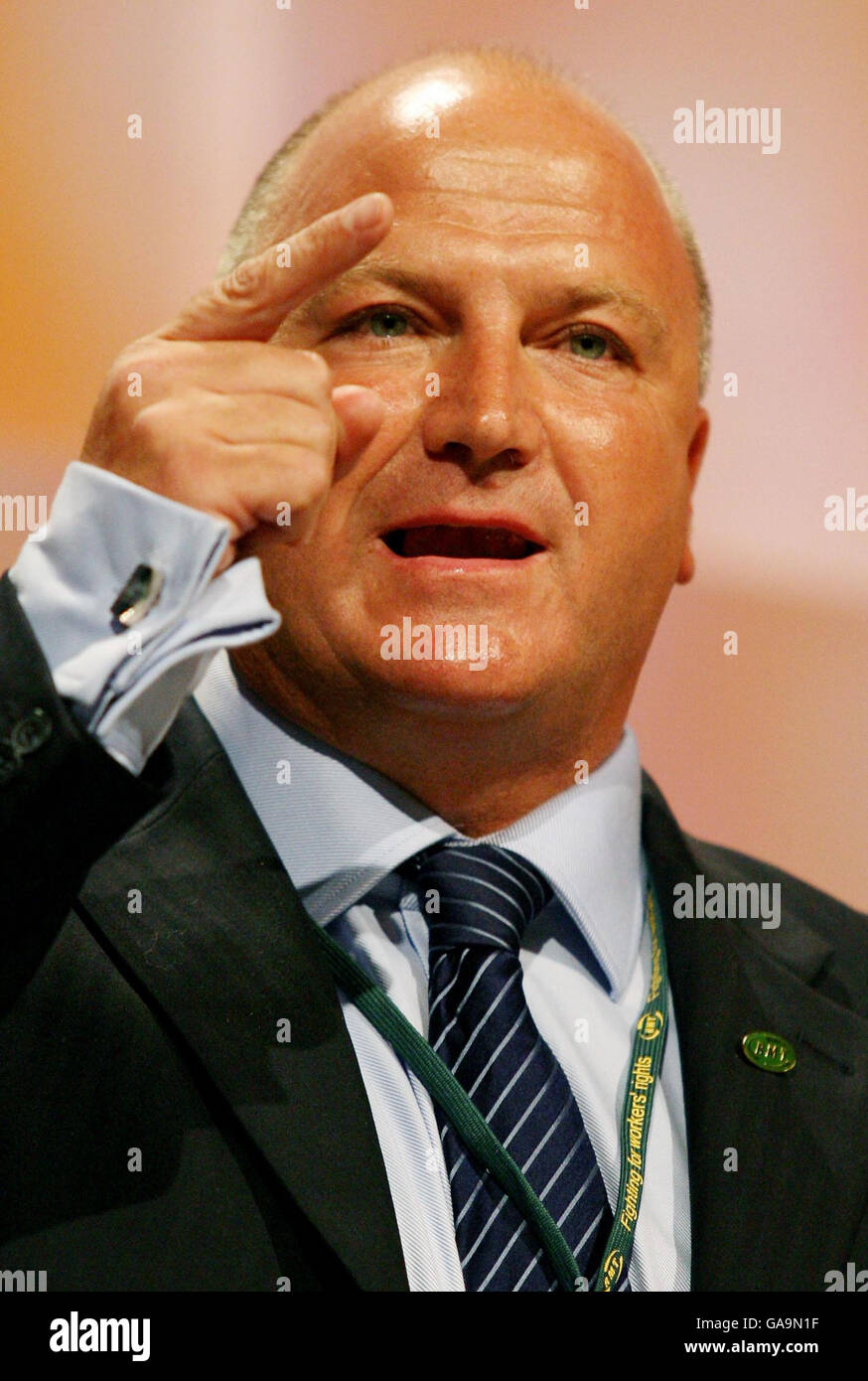 Bob Crow, General Secretary of the Rail, Maritime and Transport Union, speaking during the T.U.C. Conference at the Brighton Centre in Sussex. Stock Photo