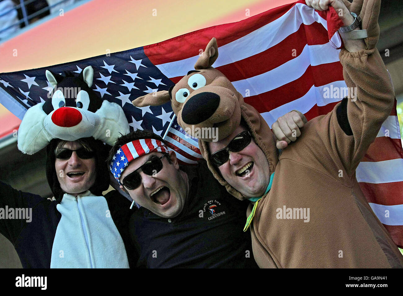 USA fans during the IRB Rugby World Cup match at Stade de la Mosson, Montpellier, France. Stock Photo