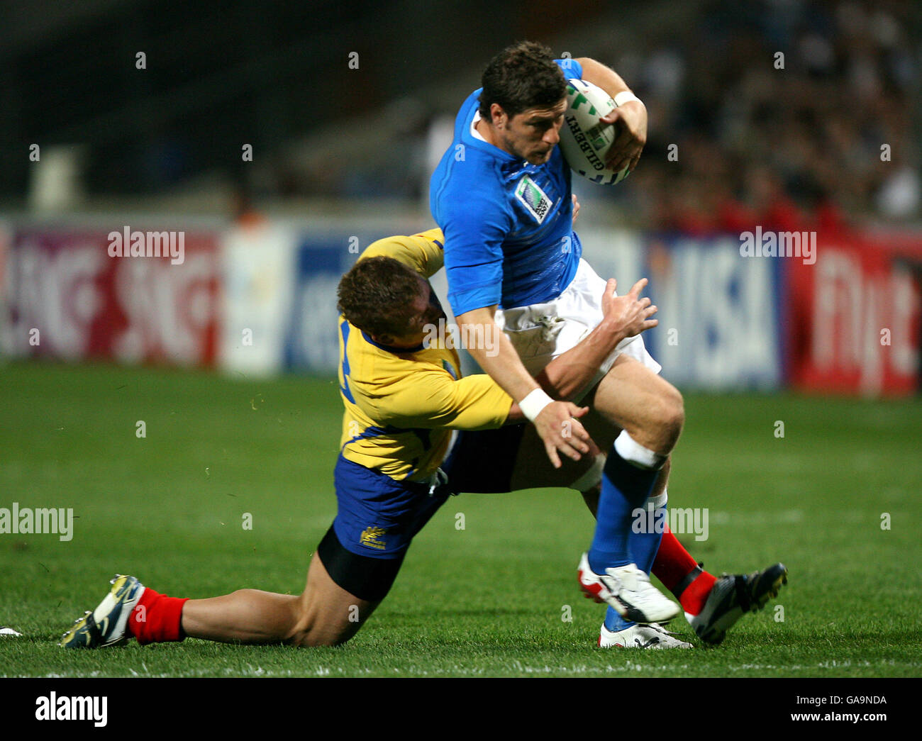 Rugby Union - IRB Rugby World Cup 2007 - Pool C - Italy v Romania - Stade Velodrome. Italy's Ezio Galon and Romania's Csaba Gal Stock Photo