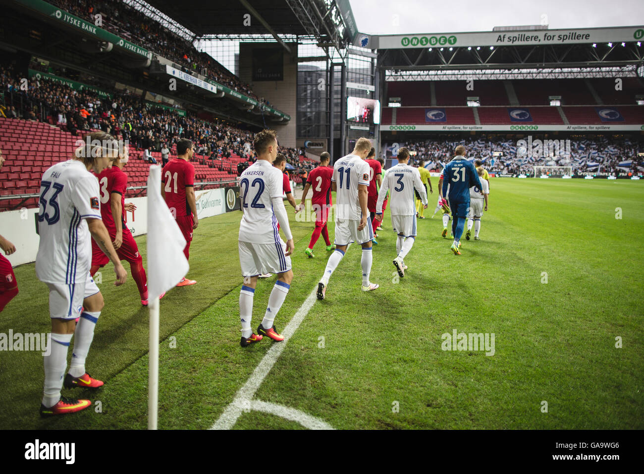 Copenhagen, Denmark. August 3rd 2016. The players enter Telia Parken during the UEFA Champions League qualification match between FC Copenhagen and FC Astra Giurgiu. FC Copenhagen won the match 3-0 and a through to the play-off round. © Samy Khabthani/Alamy Live News Stock Photo