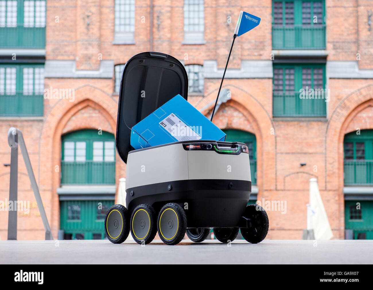 A robot developed by the company Starship Technologies for parcel delivery  company Hermes can be seen in Hamburg, Germany, 04 August 2016. In August  Hermes began a test-run of robot delivery in