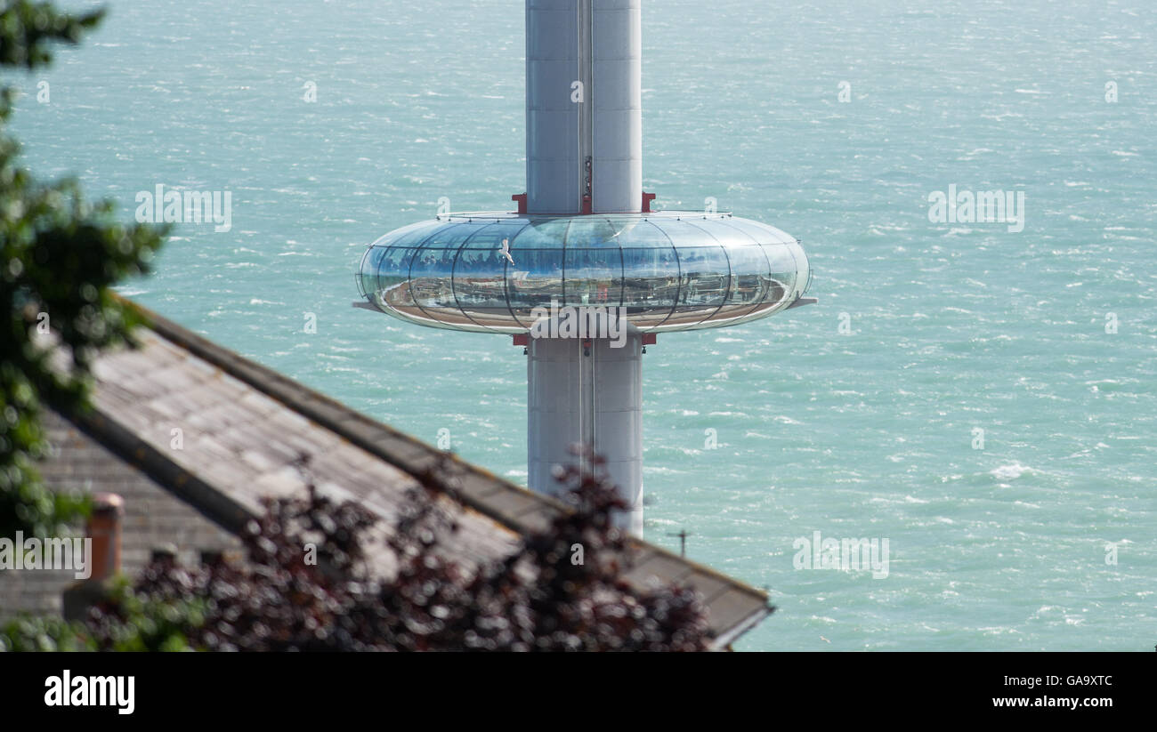 Brighton, Sussex, UK. 4th August 2016. The British Airways i360 observation tower rises above the Brighton skyline as it takes its first passengers up 531feet above sea level . The i360 opened to the public today and is the world's thinnest tall building offering views of up to 26 miles  Credit:  Simon Dack/Alamy Live News Stock Photo
