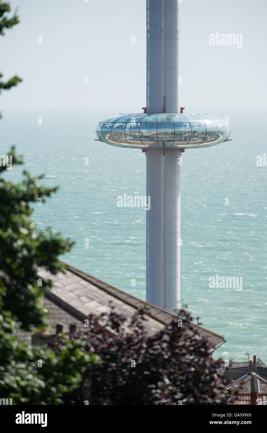 Brighton, Sussex, UK. 4th August 2016. The British Airways i360 observation tower rises above the Brighton skyline as it takes its first passengers up 531feet above sea level . The i360 opened to the public today and is the world's thinnest tall building offering views of up to 26 miles  Credit:  Simon Dack/Alamy Live News Stock Photo