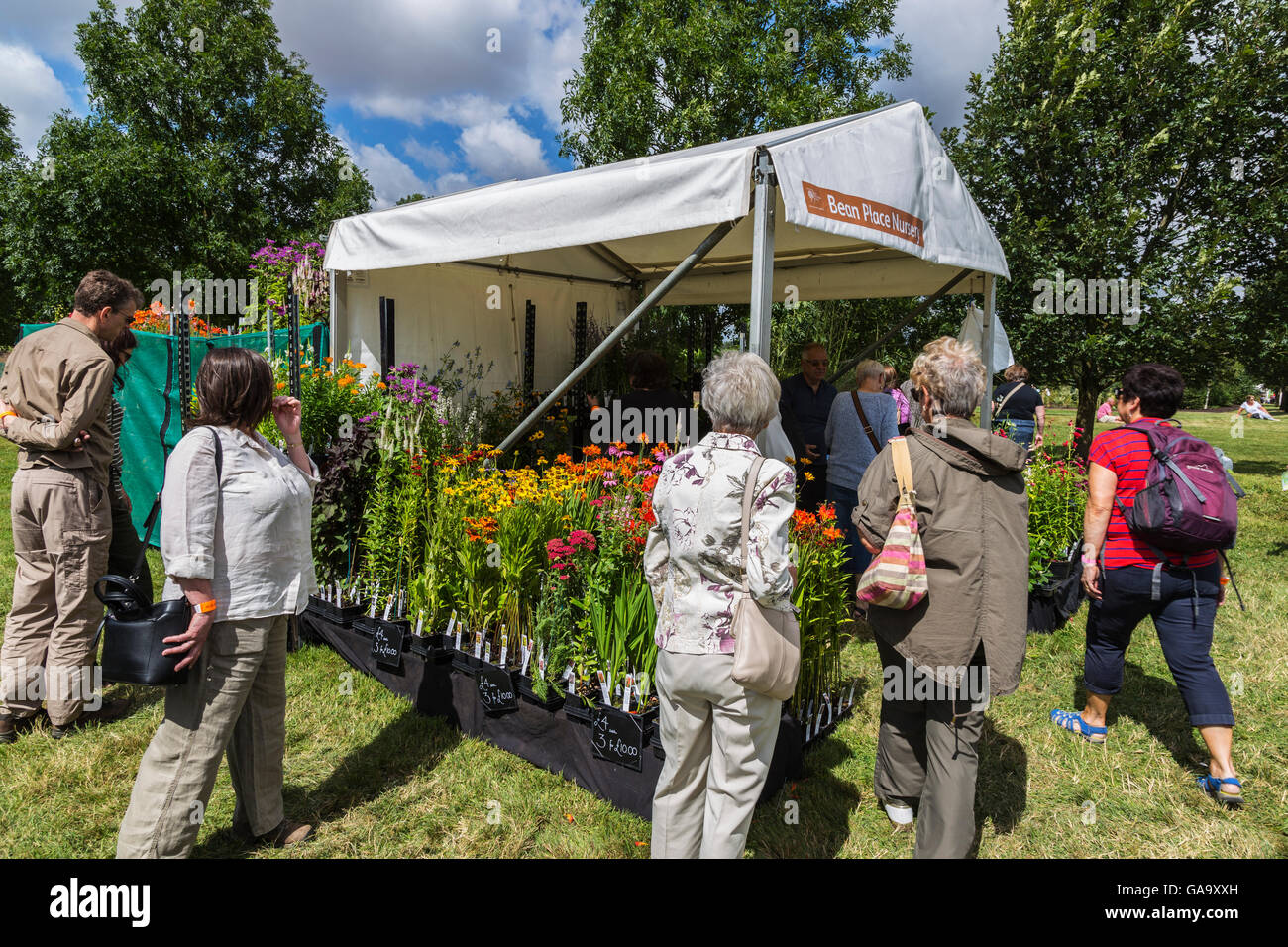 People Viewing Colourful Display of Plants at Flower Show Stock Photo