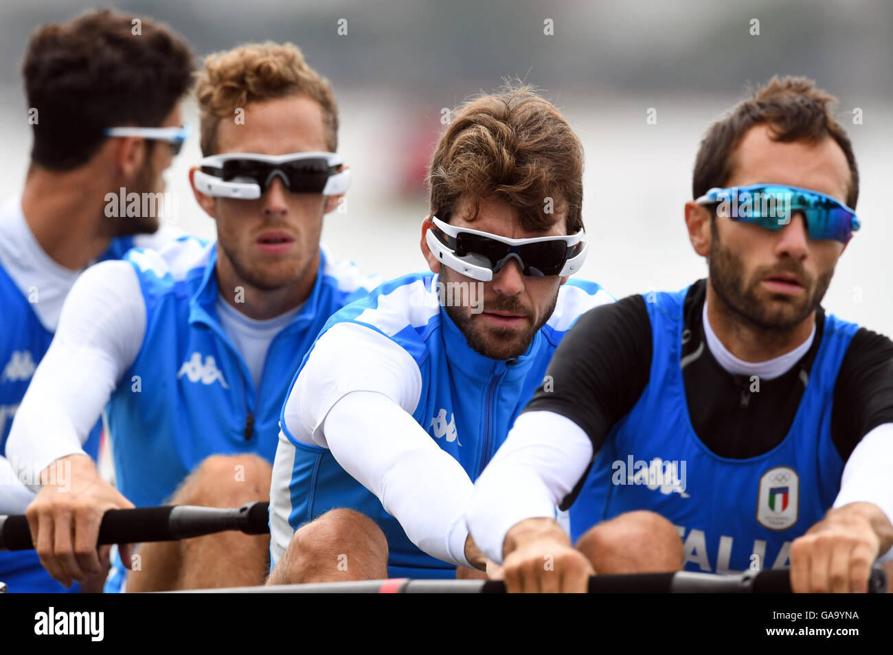 The lightweight four rowing team of Italy L R Martino Goretti Livio la Padula Stefano Oppo and Pietro Willy Ruta wear smart glasses as they row during a training session at Lagoa Stadium