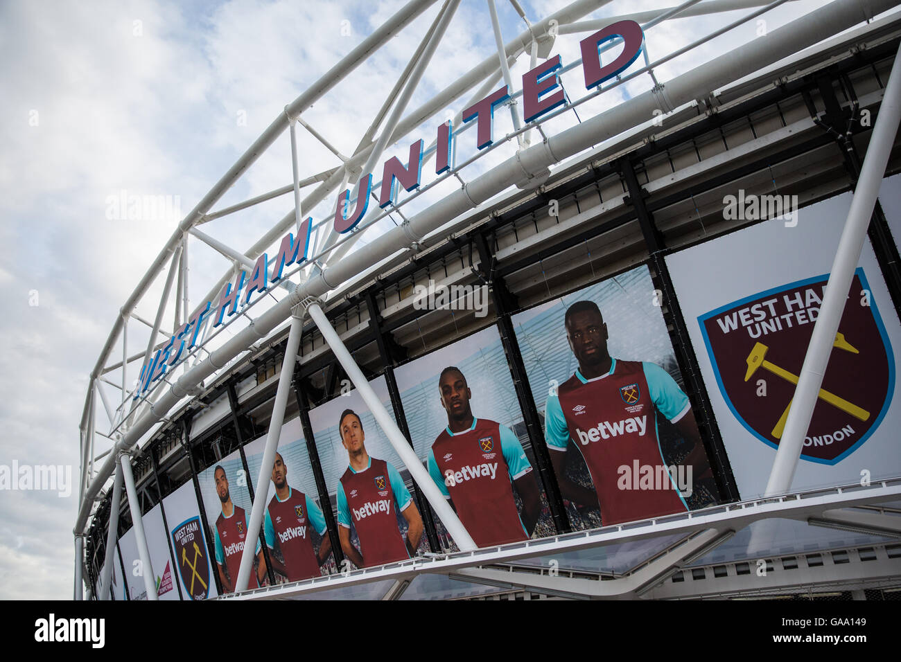 London, UK. 4th August, 2016. New signage and fabric panels bearing the images of West Ham players were in place at the London Stadium for West Ham United’s inaugural game there following their transfer from the Boleyn Ground at Upton Park. A Europa League third qualifying round match against NK Domzale of Slovenia, West Ham United won the match 3-0. Credit:  Mark Kerrison/Alamy Live News Stock Photo