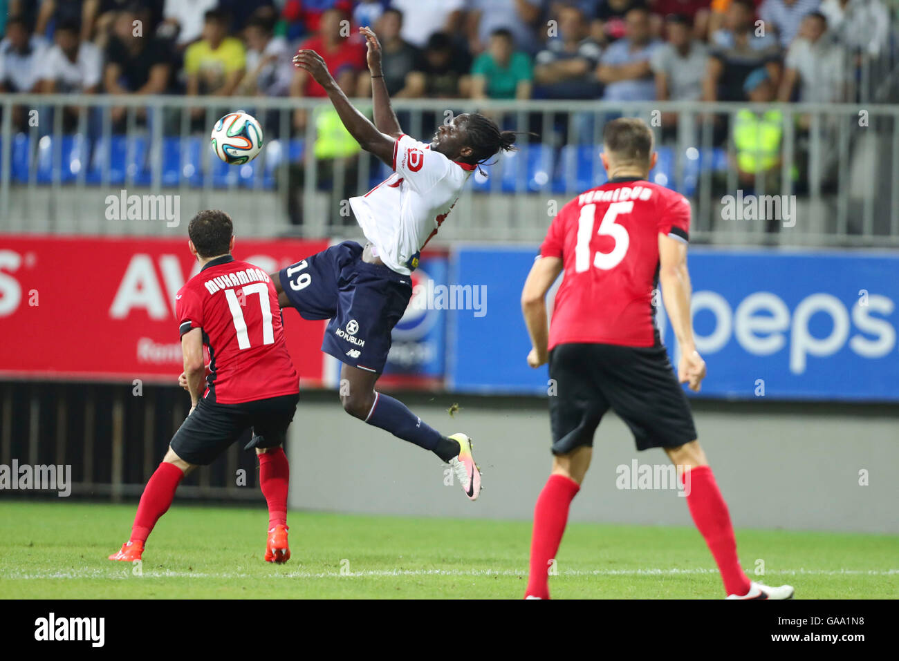 Gabala City Stadium. 04th Aug, 2016. Qabala, Azerbaijan. Europa League football. Qabala versus Lille. Magomed Mirzabekov (Qabala) versus Eder (Lille) © Action Plus Sports/Alamy Live News Stock Photo