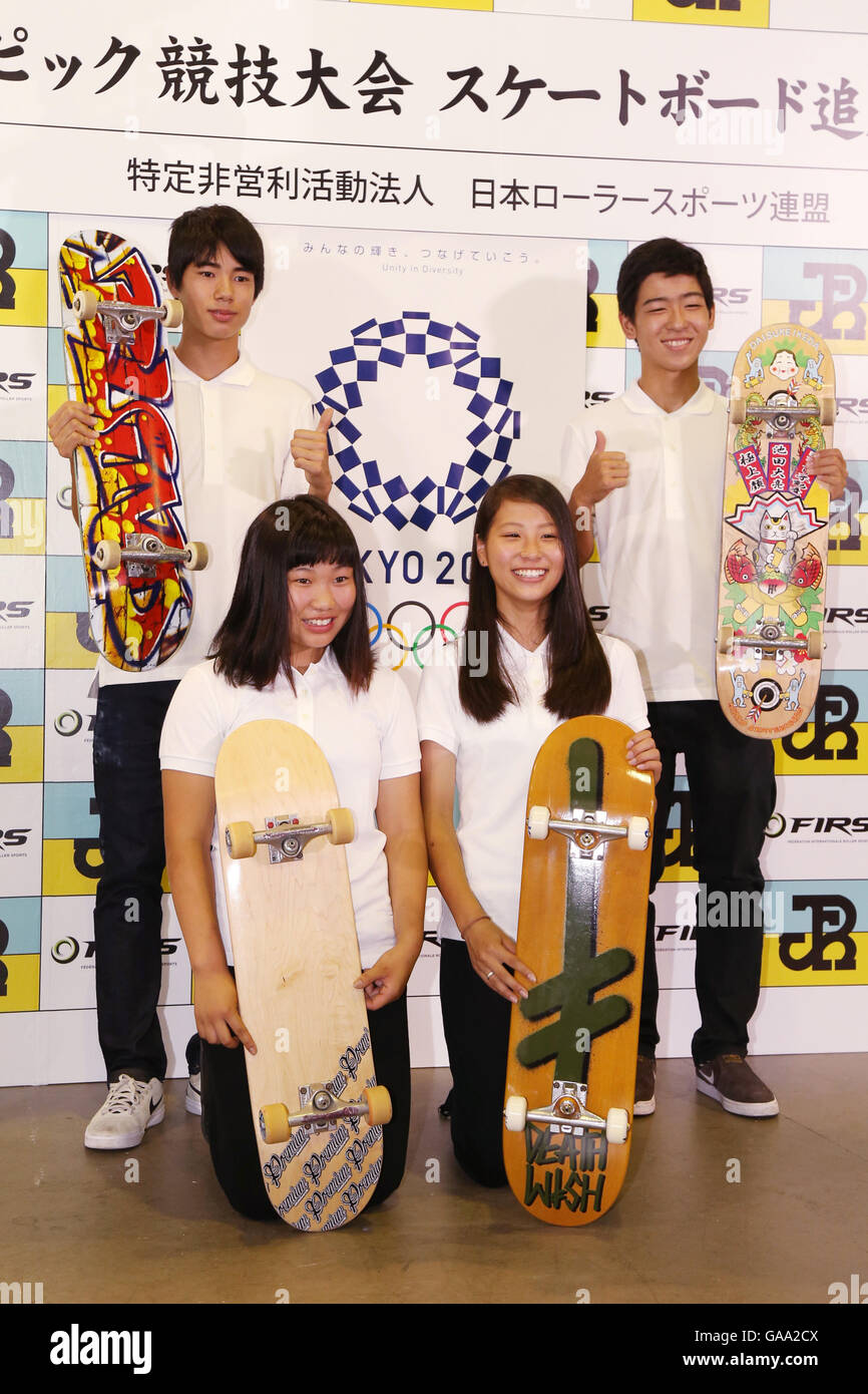 Tokyo Japan 4th Aug 2016 Top L R Yuto Horigome Daisuke Ikeda Bottom L R Kisa Nakamura Aori Nishimura Skateboarding Japan Roller Sports Federation Holds A Press Conference After It Was Decided That