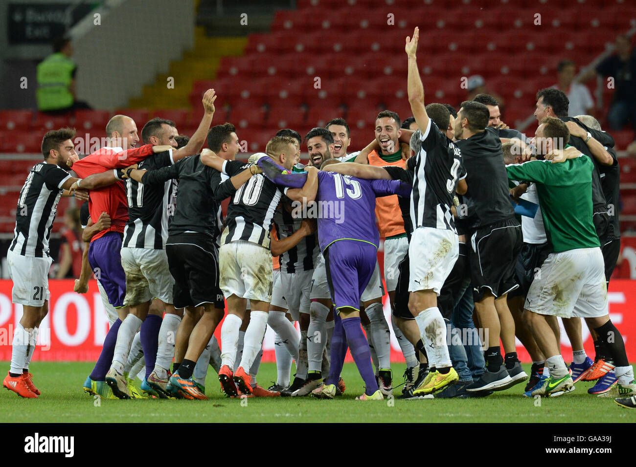 Moscow, Russia. 4th Aug, 2016. Players of AEK celebrate after winning UEFA  Europa League third qualifying round second leg game between Russia's  Spartak Moscow and Cyprus' AEK Larnaca in Moscow, Russia, Aug.