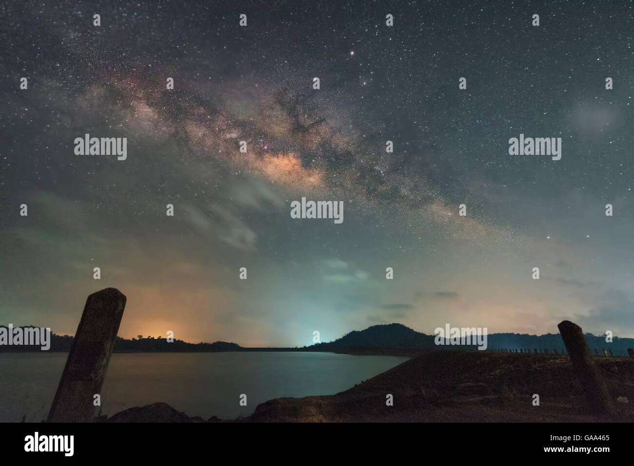 Milky way over the lake Stock Photo