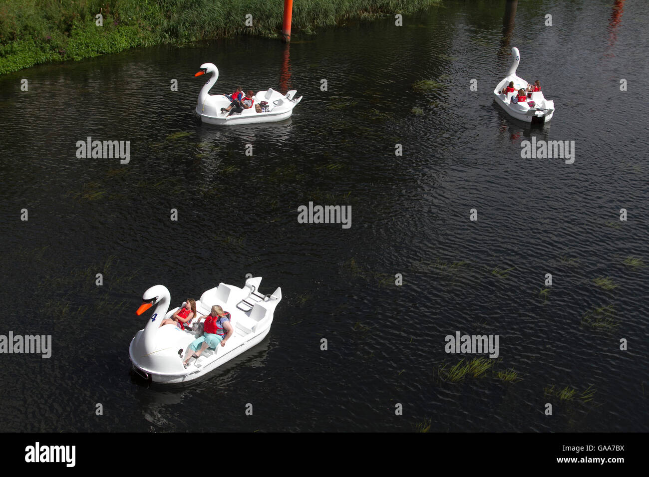 London,UK. 5th August 2016. People take advantage of the warm and sunny weather to  ride on swan pedalos around the Olympic park in Stratford  © amer ghazzal/Alamy Live News Credit:  amer ghazzal/Alamy Live News Stock Photo