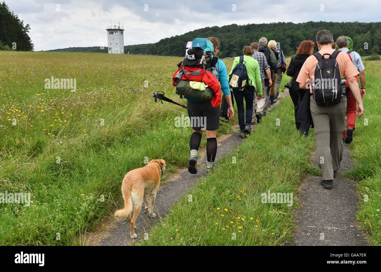 Adventurer Mario Goldstein and friends hiking along the 'Green Band' (Gruenes Band), the former death zone along the border of the GDR and the current state border between Thuringia and Bavaria near Behrungen, Germany, 5 August 2016. Since the middle of July, Goldstein is hiking the 764 kilometer long hiking track. Mario Goldstein and the association BUND campaign for the Green Band, which is said to become a national nature monument. PHOTO: MARTIN SCHUTT/dpa Stock Photo