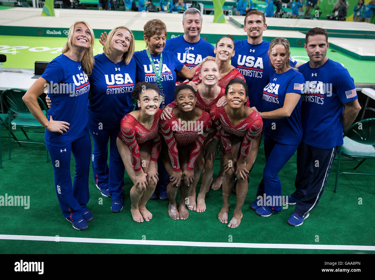 Rio De Janeiro Brazil 4th Aug 16 Team Usa Women S Gymnastics Team Usa Poses For A Photograph After A Truing Session At The Rio Olympics Arena During The 16 Rio Summer Olympics C