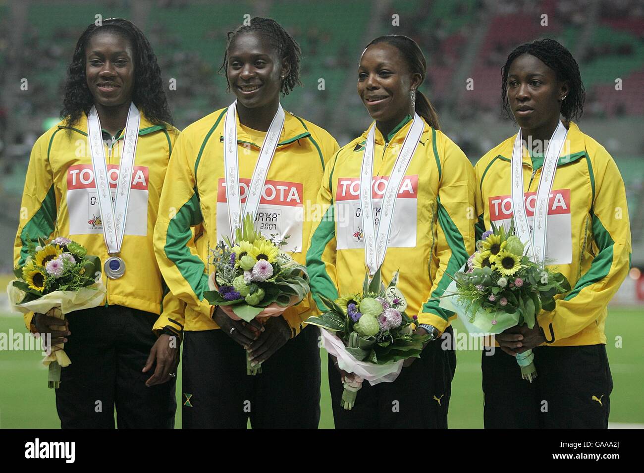 Jamaica's Silver medalist's stand on the podium after the Women's 4x100 Metres Relay Stock Photo