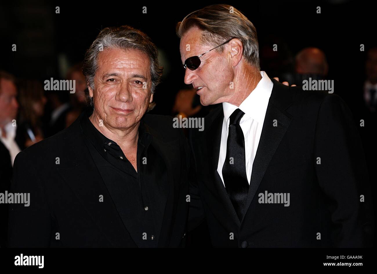 Edward James Olmos and Sam Shepherd arrive for the premiere of 'The Assassination of Jesse James' premiere at the Venice Film Festival, Italy. Stock Photo