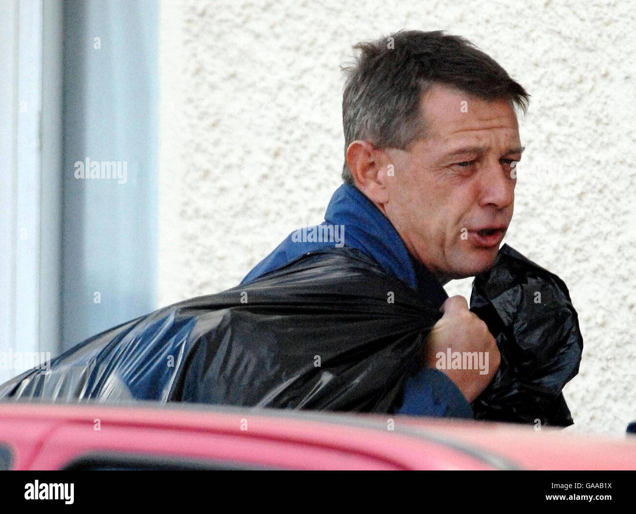 BBC Radio 3 DJ Andy Kershaw returning to his home in Peel, Isle of Man, after being released from jail having spent six nights in custody. Stock Photo