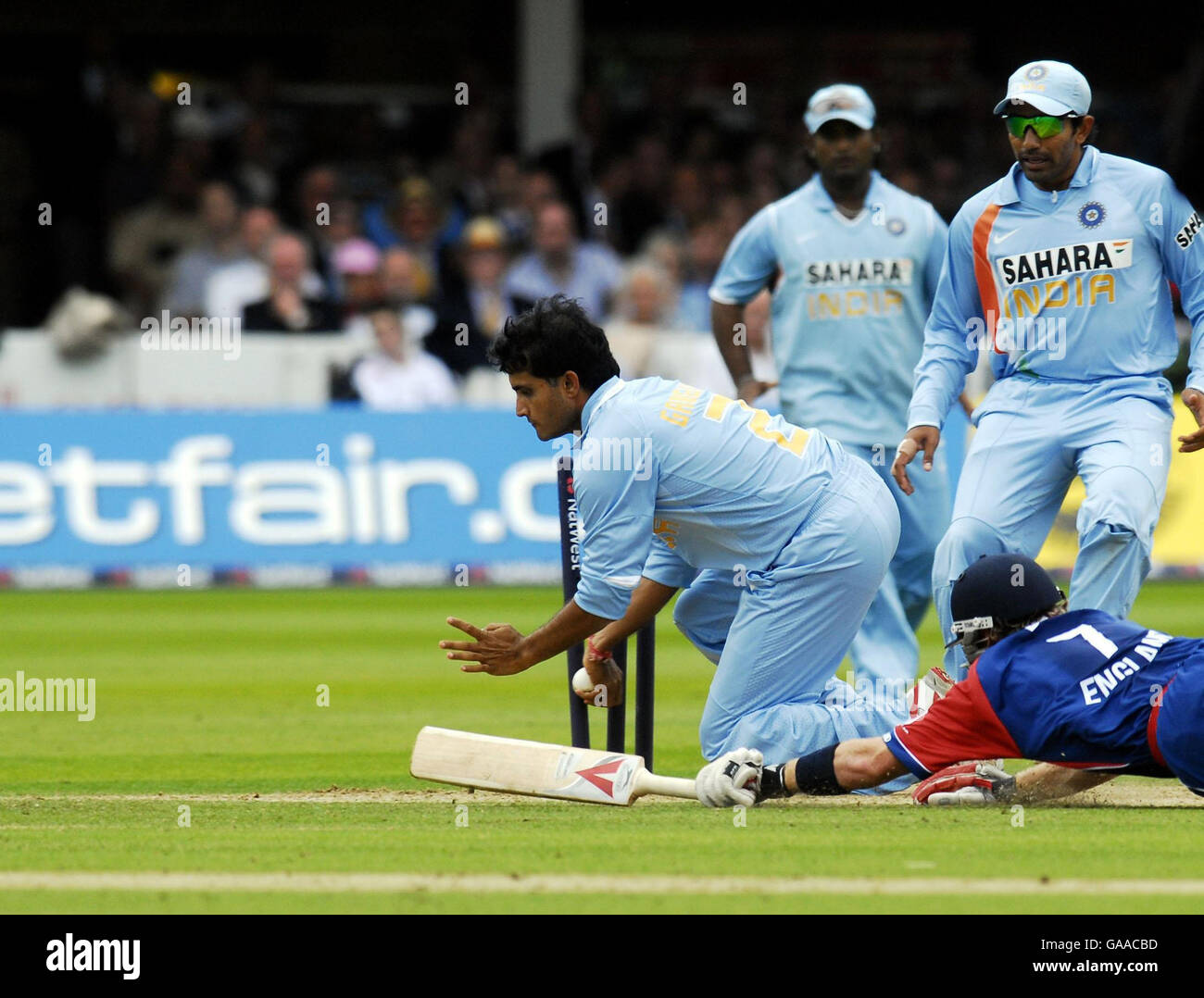 England's Ian Bell is run out by India's Sourav Ganguly during the Seventh NatWest One Day International at Lord's, London. Stock Photo