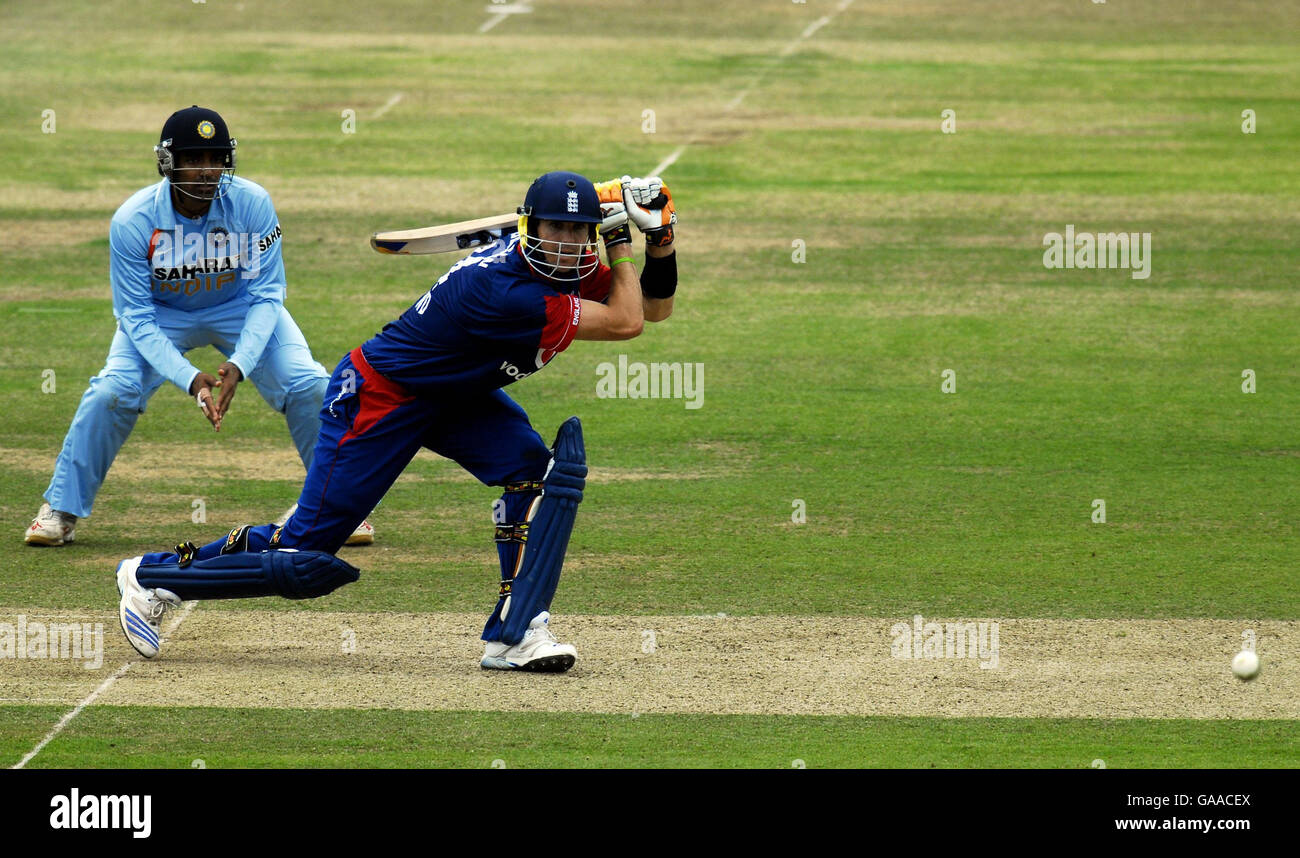 England's Kevin Pietersen strikes a boundry during the Seventh NatWest One Day International at Lord's, London. Stock Photo