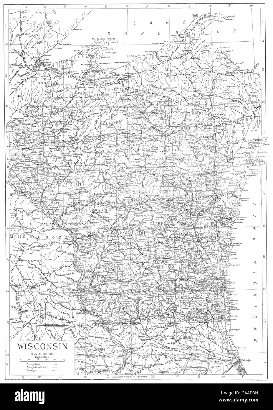 WISCONSIN: Wisconsin state map showing counties, 1910 Stock Photo