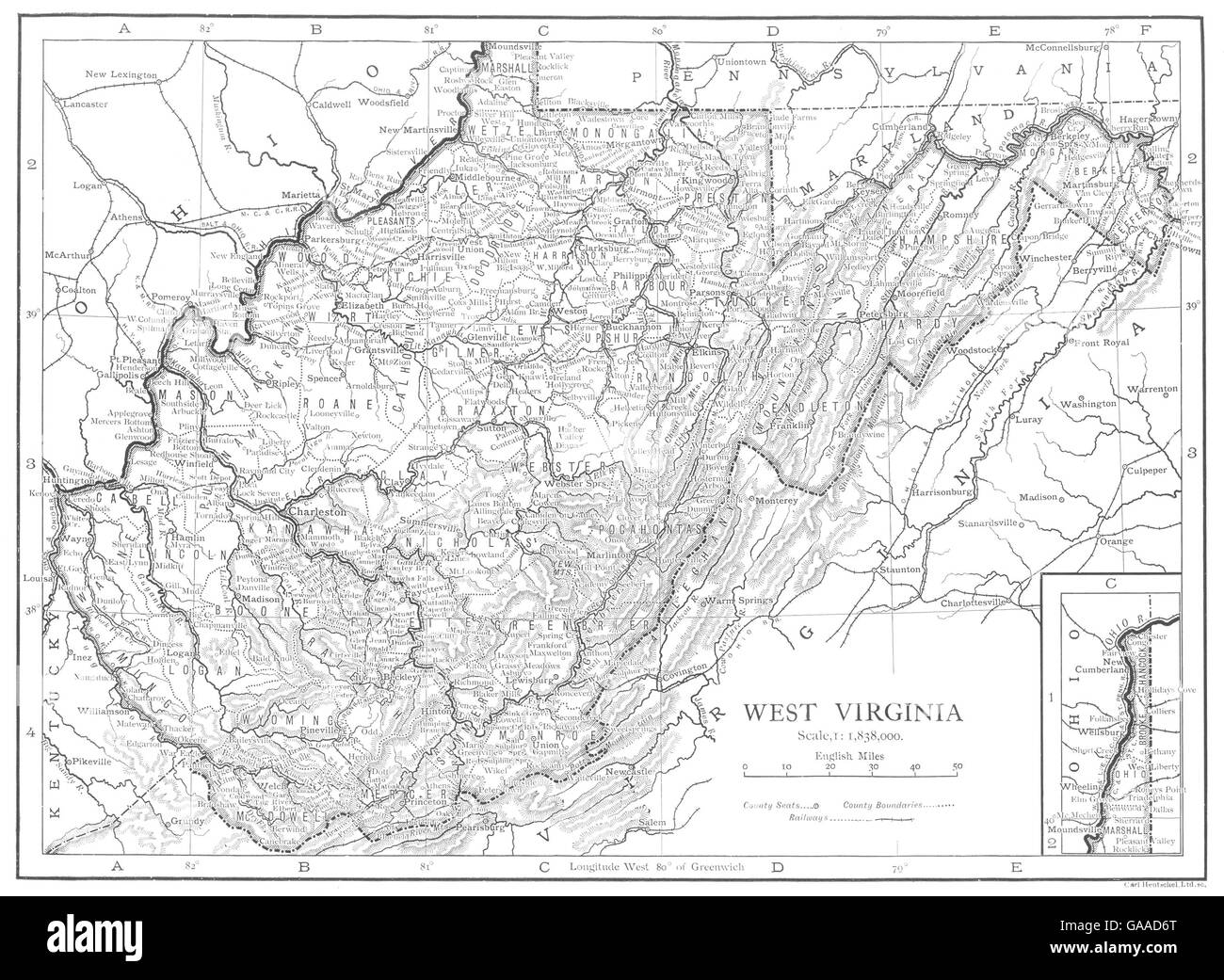 WEST VIRGINIA West Virginia state map showing counties, 1910 Stock