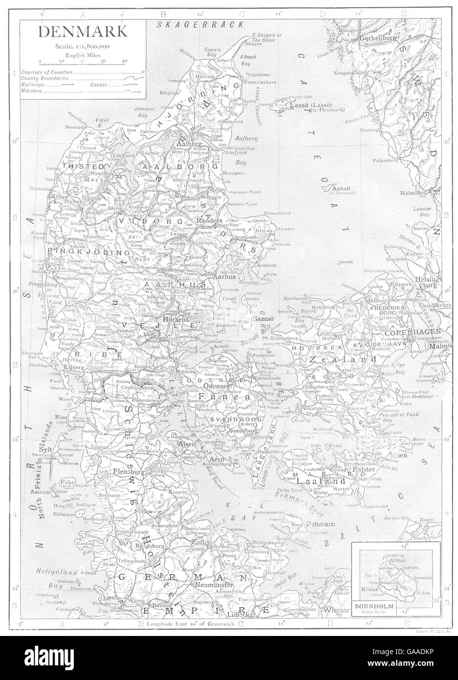 DENMARK Denmark; Inset map of Bornholm, 1910 Stock Photo Alamy